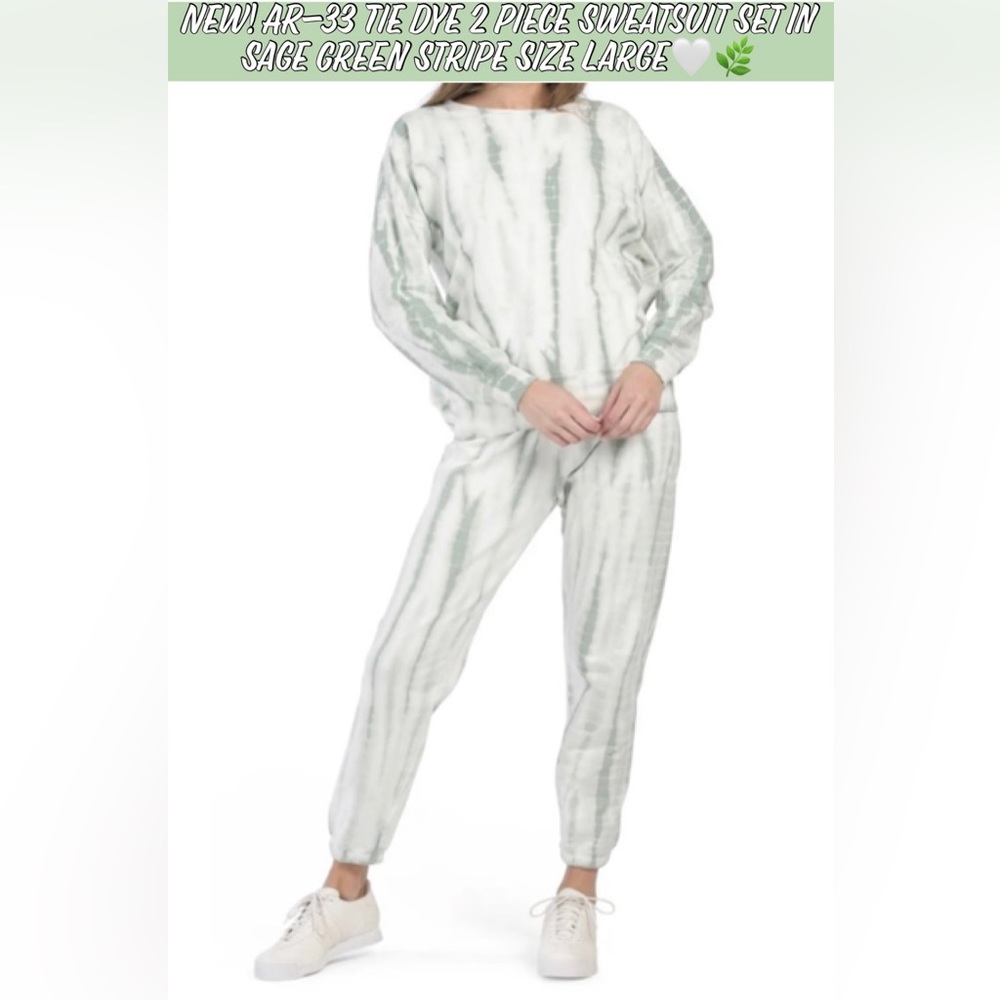🎉HP🎉New! AR-33 Tie Dye 2 Piece Sweatsuit Set In Sage Green Stripe Size Large🌿